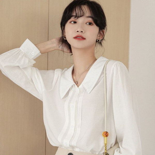 루즈핏 여성 빅 카라 블라우스 데일리 셔링 블라우스 오피스 셔츠 - 상품 이미지