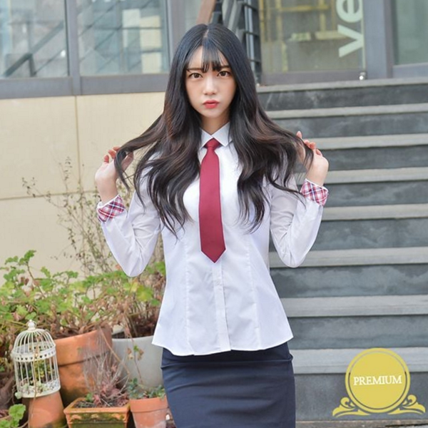 여학생 여성 교복 셔츠 스쿨룩 교복 블라우스 스판 체크 카라 - 상품 이미지