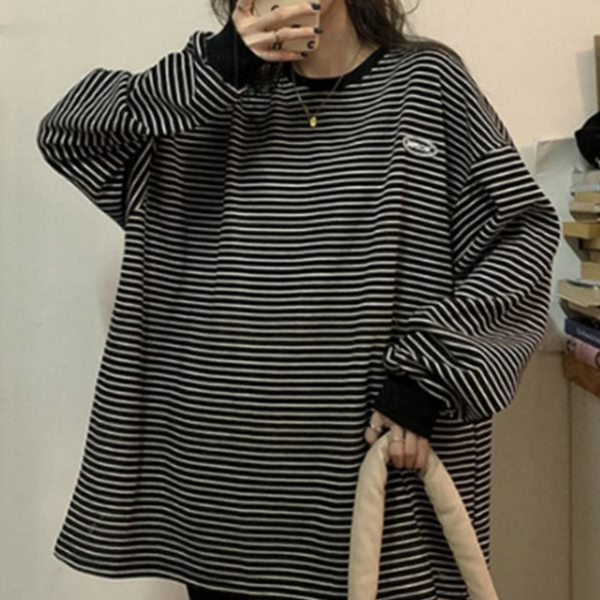 루즈핏 여성 스트라이프 티셔츠 단가라 여성 박스핏 티셔츠 캐주얼 데일리 - 상품 이미지