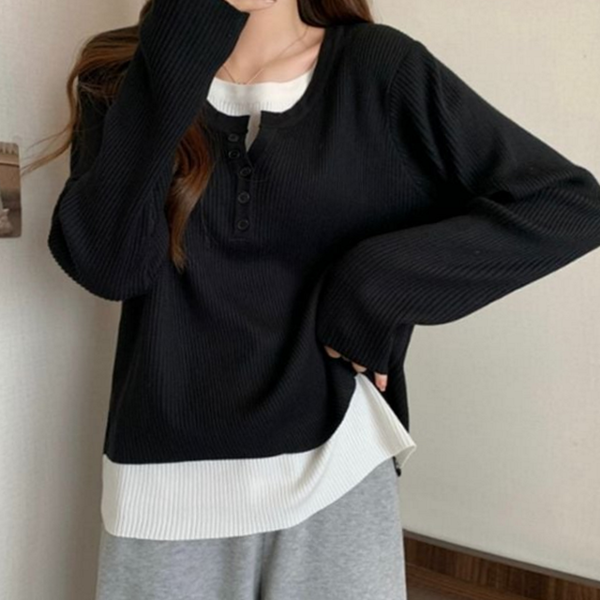 데일리 여성 레이어드 티셔츠 베이직 여성 긴 팔 티셔츠 루즈핏 - 상품 이미지