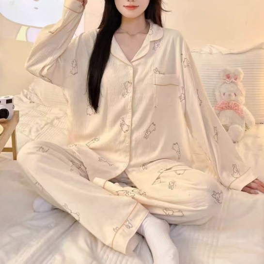캐릭터 긴팔 홈웨어 세트 집에서 입는 티셔츠 바지 파티 친구 여자 잠옷 파자마 루즈핏 - 상품 이미지
