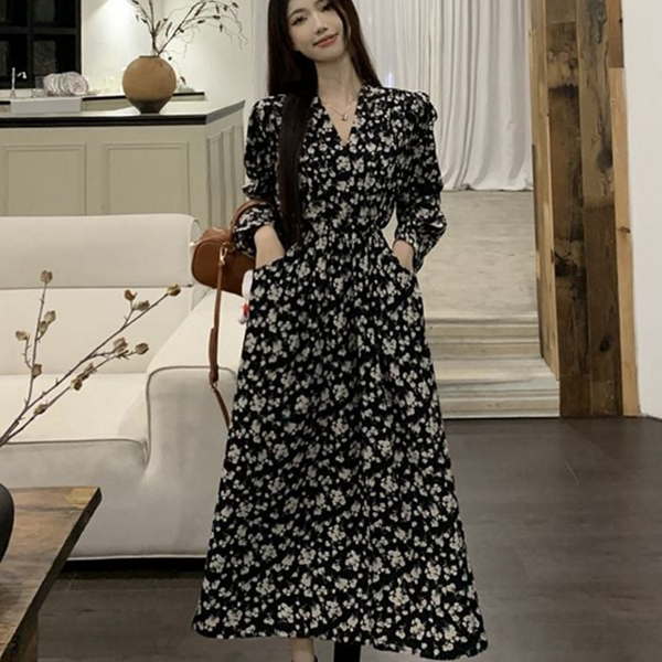 브이넥 여성 플라워 원피스 데일리 여성 랩 원피스 패턴 쉬폰 - 상품 이미지