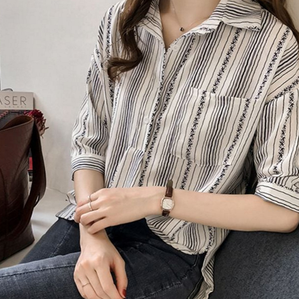 루즈핏 여성 블라우스 캐주얼 블라우스 스트라이프 데일리 셔츠 7부 - 상품 이미지