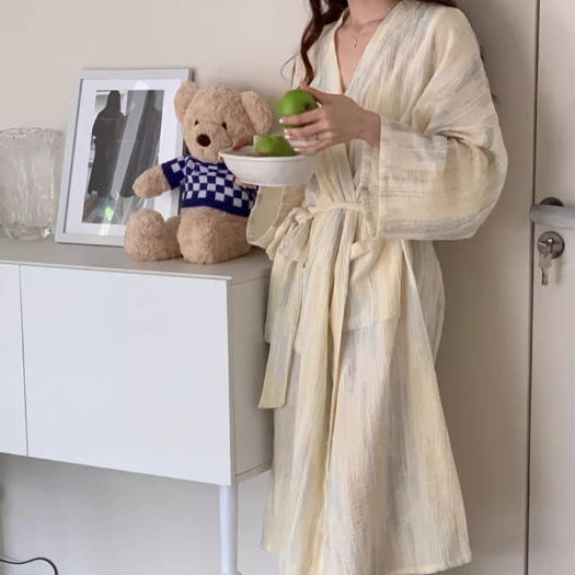 여자 가운 홈웨어 세트 스트랩 여성 여름 봄 호텔 잠옷 파자마 실내복 파티 반바지 긴팔 - 상품 이미지