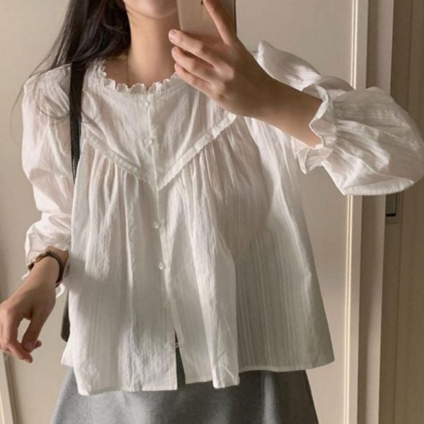 데일리 여성 레이스 블라우스 라운드 여성 펀칭 블라우스 레이어드 가을 - 상품 이미지