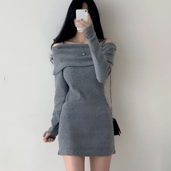 데일리 여성 원피스 슬림핏 오프숄더 원피스 골지 가을 - 상품 이미지