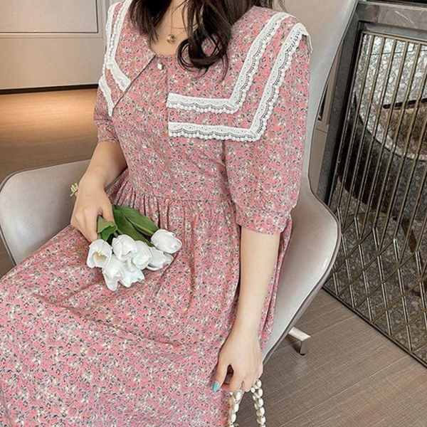 데일리 여성 빅 카라 원피스 꽃무늬 여성 플라워 원피스 여름 - 상품 이미지