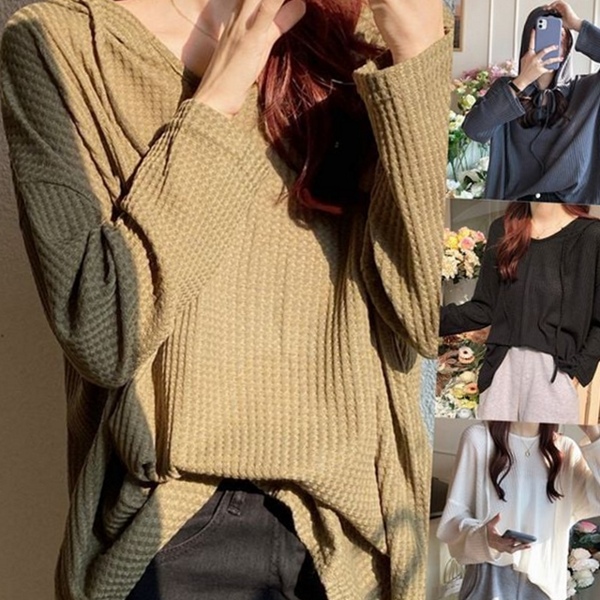 루즈핏 여성 와플 후드 티 데일리 여성 오버핏 티셔츠 봄가을 - 상세 이미지 2