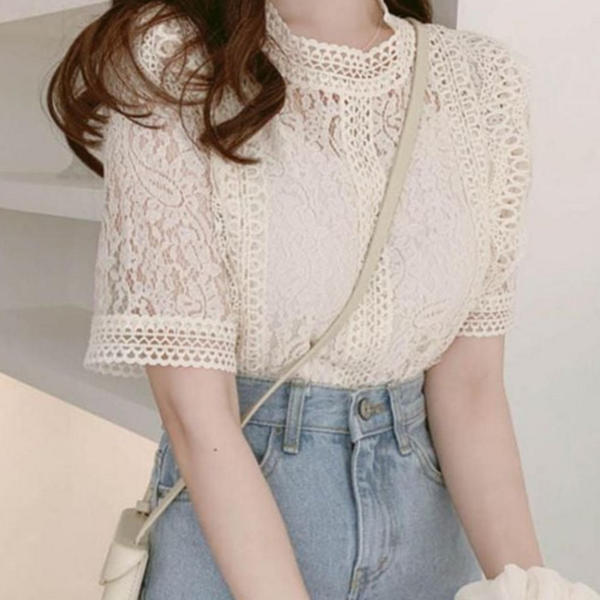 데일리 여성 시스루 블라우스 패션 여성 레이스 블라우스 여름 반팔 - 상품 이미지