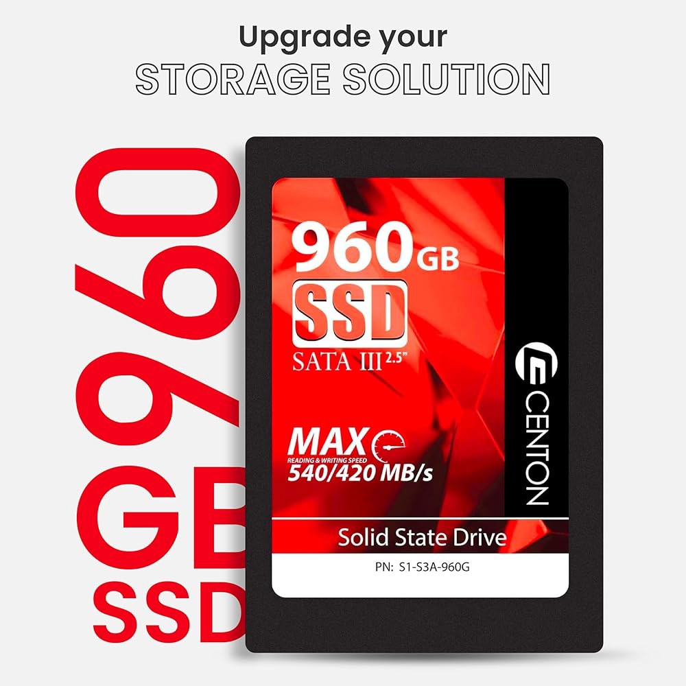 Centon 960GB SSD 내장 솔리드 스테이트 드라이브, SATA III 6Gb /s 2.5 u201D, 3D NAND TLC, 최대 490MB /s, 더 빠른 시작, 앱, - 상세 이미지 2
