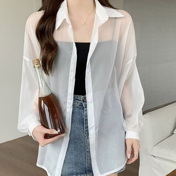 루즈핏 여성 시스루 셔츠 데일리 여성 여름 셔츠 블라우스 간절기 - 상품 이미지