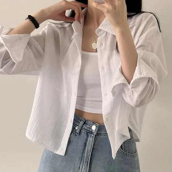 루즈핏 여성 크롭 셔츠 스트라이프 여자반 크롭 셔츠 데일리 여름 - 상품 이미지