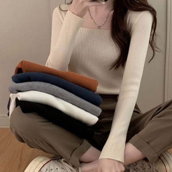 슬림핏 스퀘어넥 긴 팔 베이직 긴 팔 티셔츠 골지 데일리 - 상품 이미지