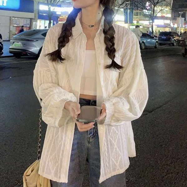 캐주얼 여성 펀칭 셔츠 블라우스 루즈핏 셔츠 가디건 카라 - 상품 이미지