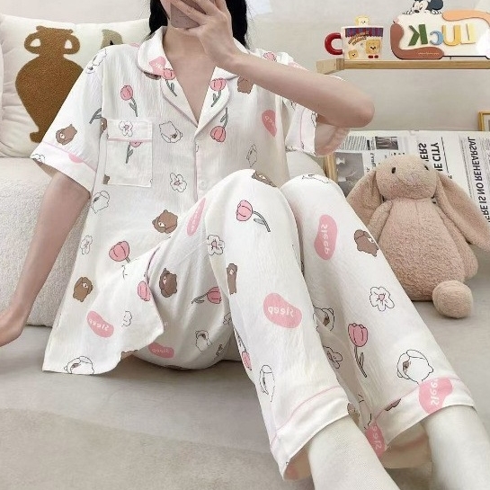 반팔 홈웨어 세트 집에서 입는 티셔츠 긴바지 파티 친구 여자 잠옷 파자마 루즈핏 편한 - 상품 이미지