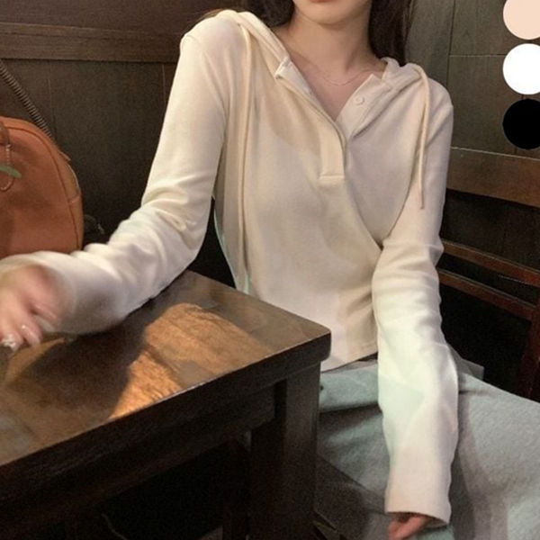 슬림핏 여성 후드 티 얇은 여성 긴 팔 티 단추 - 상품 이미지