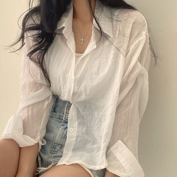 루즈핏 여성 롤업 셔츠 데일리 여성 여름 셔츠 블라우스 카라 - 상품 이미지