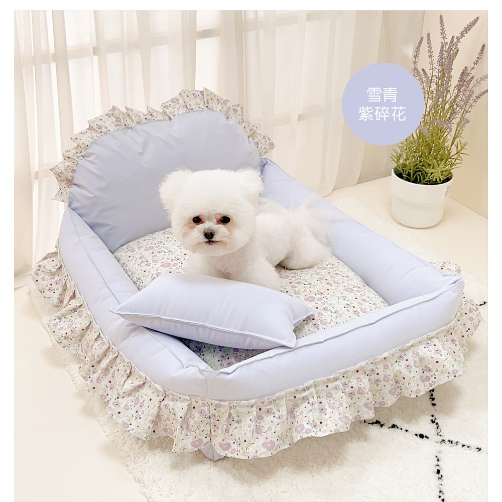 강아지침대 쇼파 쿠션 고양이 애견 반려동물 포근한 극세사  연보라 꽃무늬 70x55cm - 상품 이미지