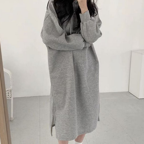 루즈핏 여성 후드 원피스 캐주얼 롱 후드 원피스 겨울 기모 - 상세 이미지 2