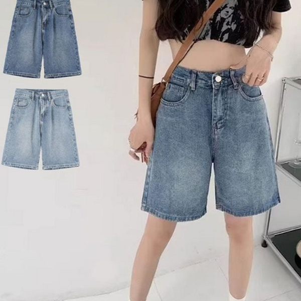 와이드 여성 데님 팬츠 버뮤다 데님 반바지 청바지 5부 - 상품 이미지