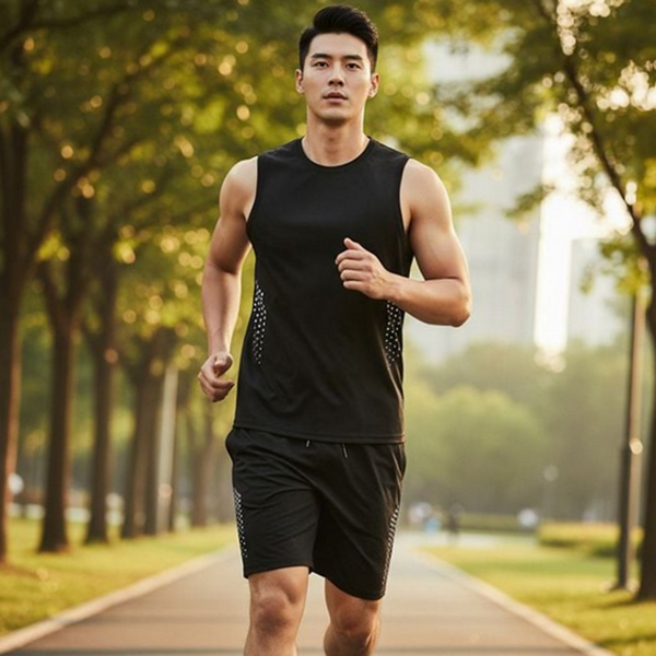 데일리룩 남성 스포츠 반바지 피트니스복 남성 쿨 매쉬 상하 슬리브리스 - 상품 이미지