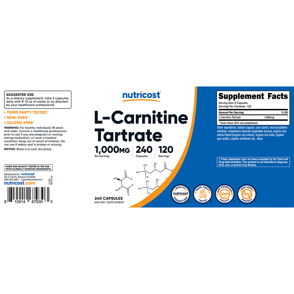 뉴트리코스트 L-카르니틴 타르트레이트 1,000mg 120회분 240캡슐, 1개 이미지 6