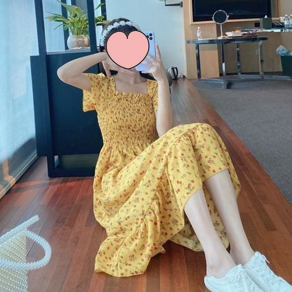 쉬폰 여성 플라워 롱 원피스 스퀘어넥 스모크 밴딩 원피스 휴양지 - 상품 이미지