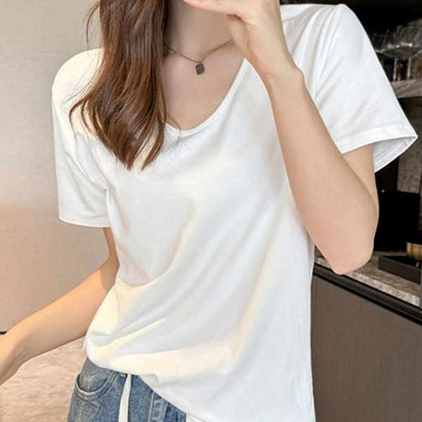 루즈핏 여성 u넥 티셔츠 라운드 u넥 티셔츠 캐주얼 데일리 여름 - 상품 이미지