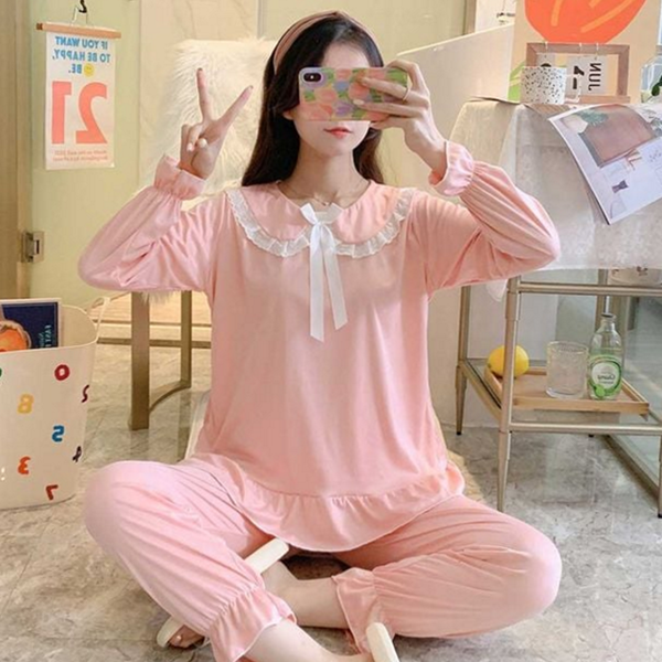 프릴 잠옷 레이스 여성 잠옷 상하의 데일리 파자마 가을 - 상품 이미지