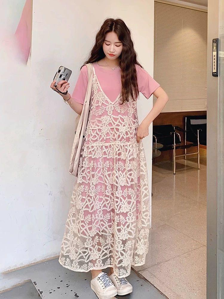 시스루 뷔스티에 레이스 베이직 원피스 핑크 반팔 - 상품 이미지