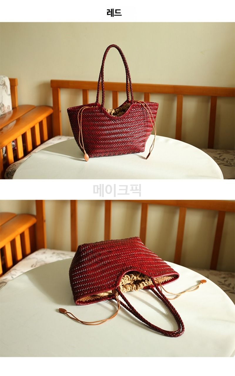 클래식 핸드메이드 위빙 천연소가죽 숄더백 고급스러운 대용량 쇼퍼백 빈티지 무드 감성룩 - 상세 이미지 5