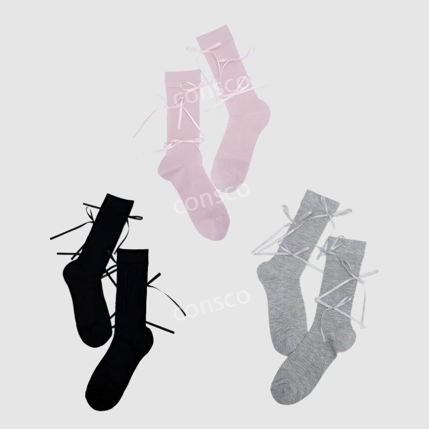 URBAN REVIVO 리본 양말 긴양말 롱삭스 3컬러 - 상품 이미지