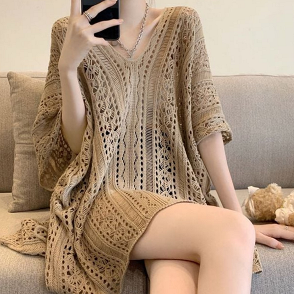 루즈핏 여성 여름 가디건 시스루 여성 비치 가디건 브이넥 반팔 - 상품 이미지