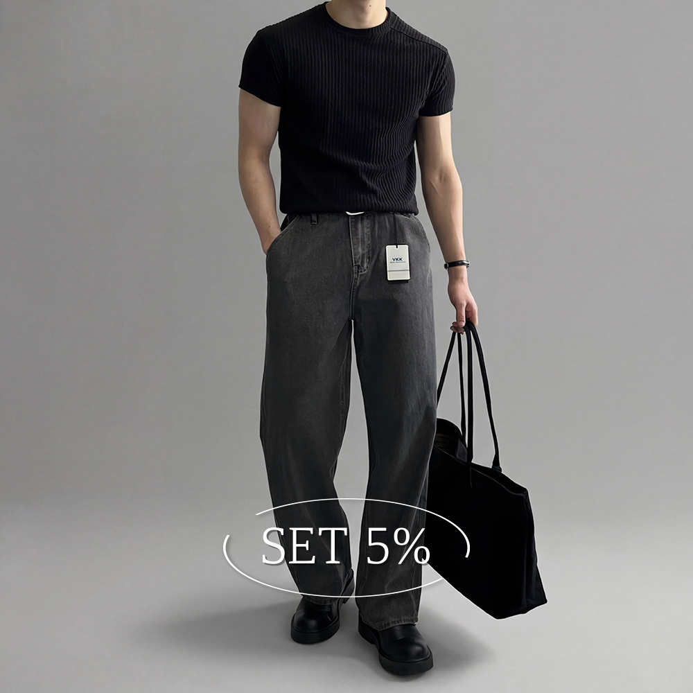 [SET] 골지 절개 머슬핏 반팔티 + 세미와이드 뒷밴딩 청바지 - 상품 이미지