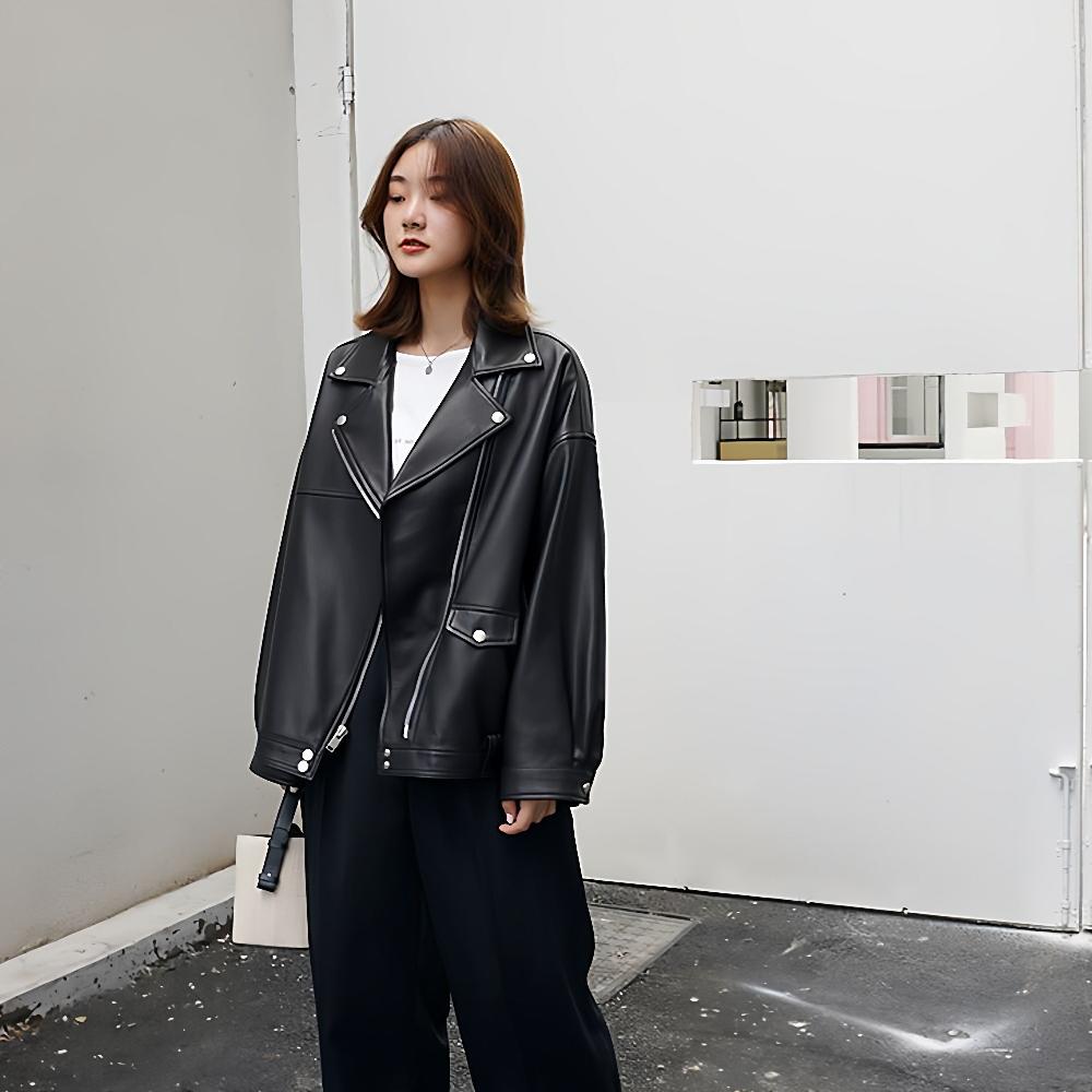 자켓 가을 여성 가죽자켓 가죽 하프 램스킨 블랙 S (45-52.5kg) - 상세 이미지 4