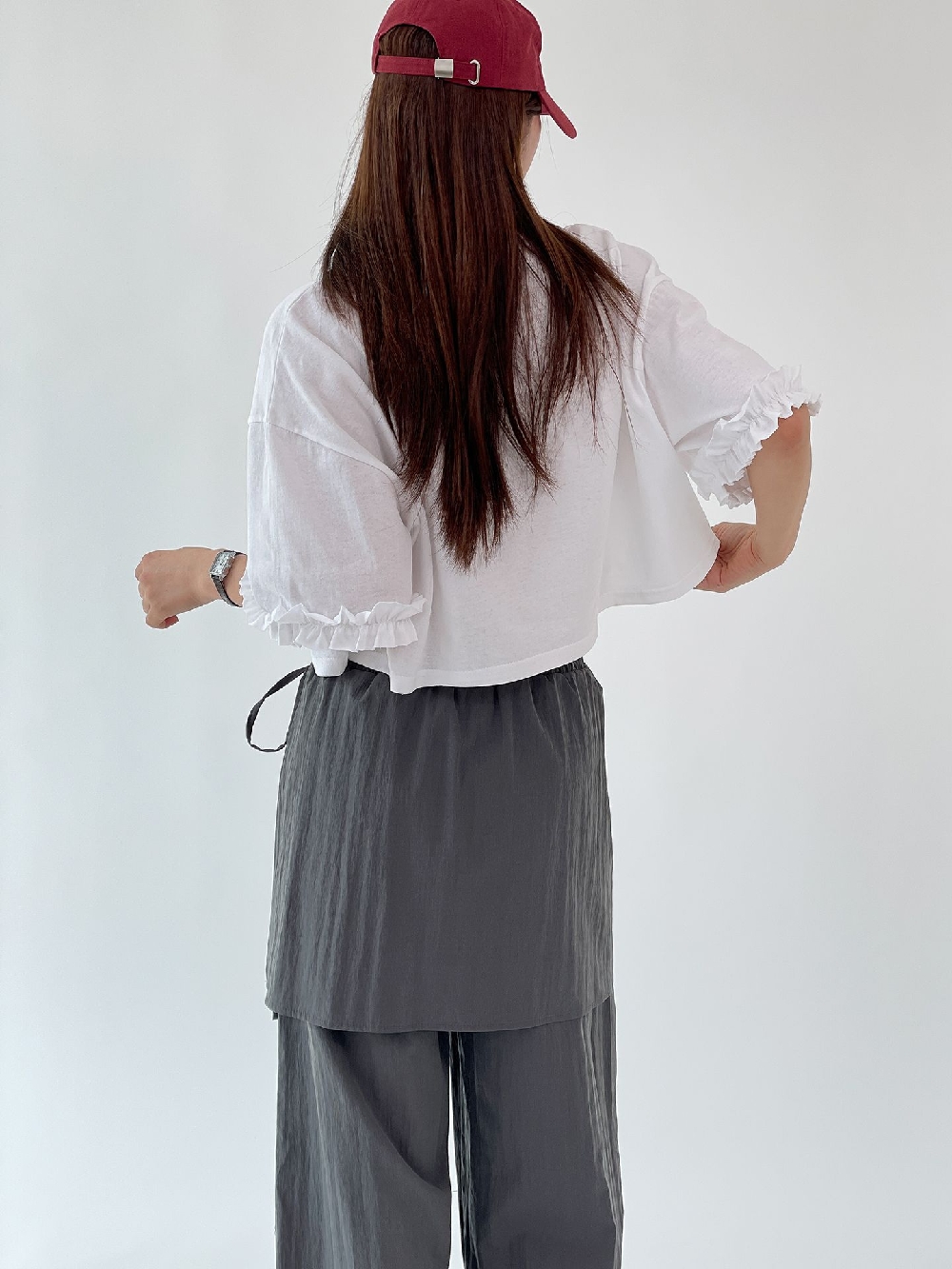크롭티 여성반팔티 하트 소매 프릴 오버핏 반팔 티셔츠 이미지 6