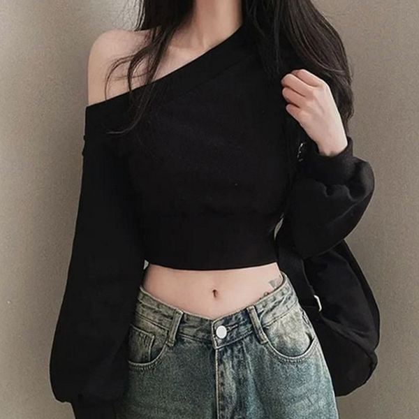 데일리 여성 크롭 티 오프숄더 원 숄더 티셔츠 루즈핏 슬림핏 - 상품 이미지