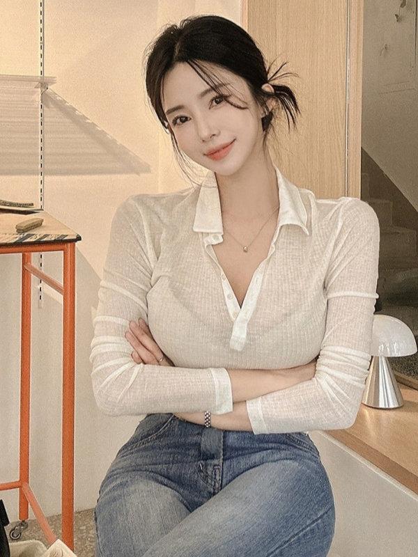 시스루 카라티 핏 화이트 긴팔 슬림핏 슬림 탑 빅사이즈 골지 카라티셔츠 - 상품 이미지