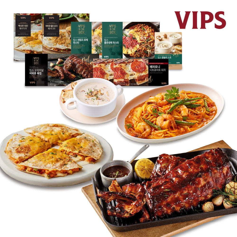 [VIPS] 프리미엄 홈파티 풀코스 6종 (오리지널바베큐폭립600g+볼로네제파스타+쉬림프로제파스타+페퍼로니디트로이트피자2팩+퀘사디아2팩+양송이스프) - 상품 이미지