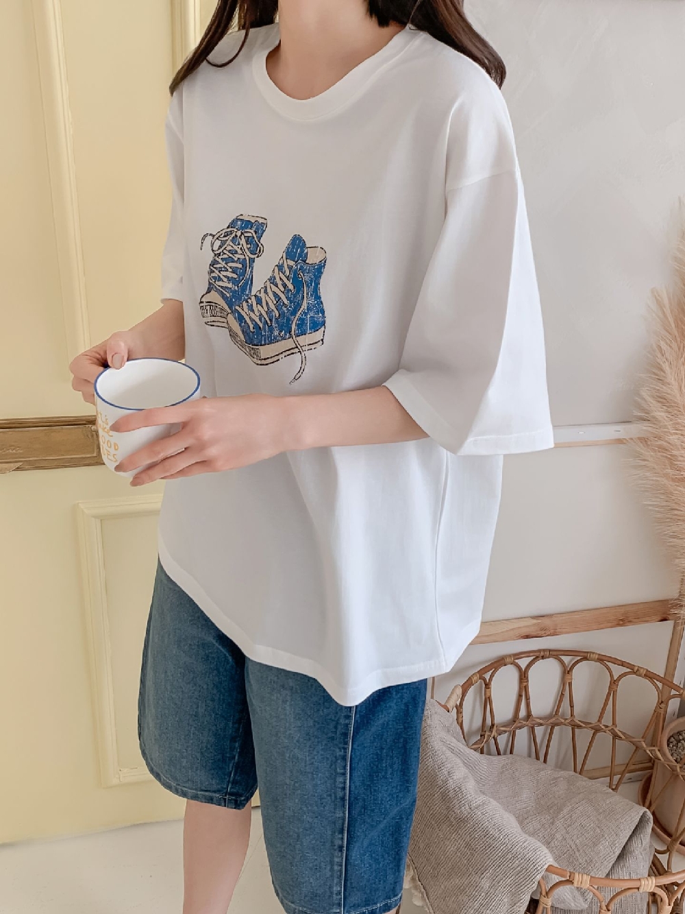 여성반팔티 흰티 빈티지 나염 오버핏 루즈핏 반팔 티셔츠 이미지 6