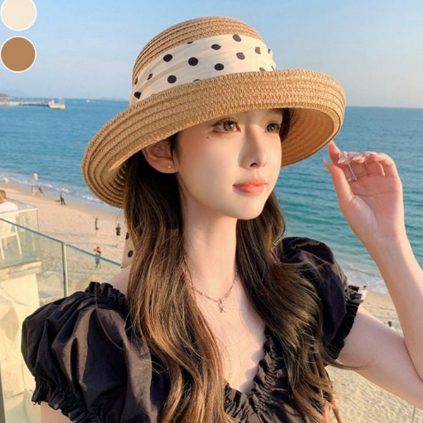 와이드챙 여성 밀짚 모자 비치 모자 여행용 휴양지 여름 리본 - 상품 이미지