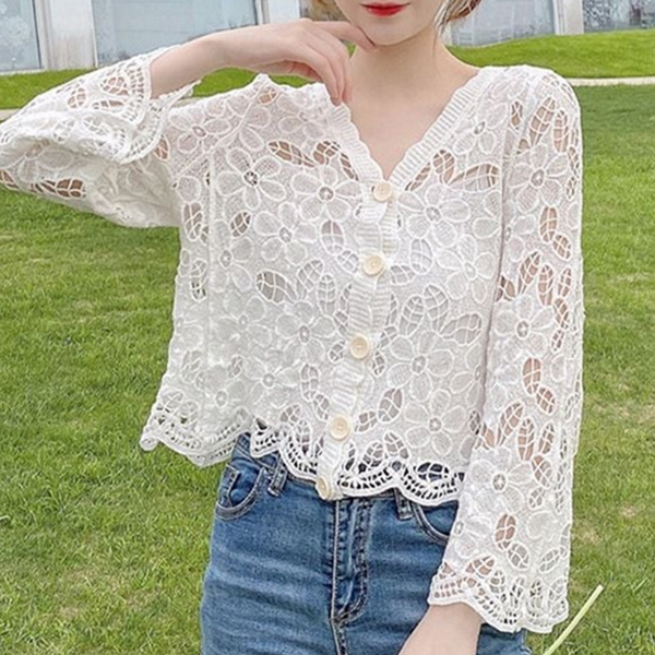 뜨개 여성 크로셰 가디건 브이넥 여성 니트 가디건 여름 칠부 - 상품 이미지