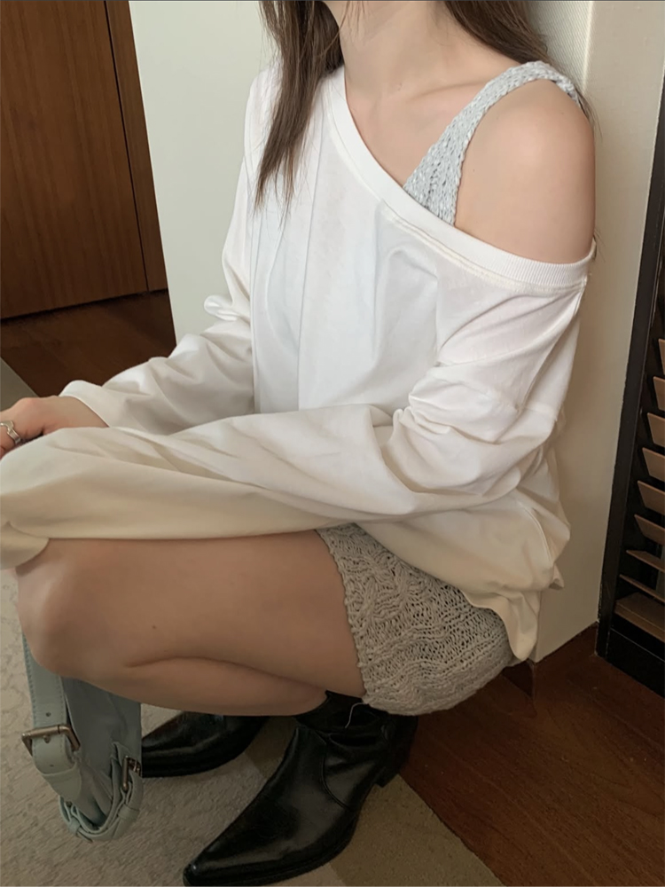루즈핏 언발 레이어드 오프숄더 티셔츠 봄 코튼 여성 티셔츠 롱티 - 상품 이미지