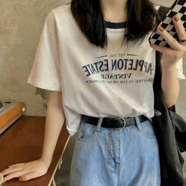 캐주얼 여성 반팔 티 레터링 여성 크롭 티 빈티지 라운드 - 상품 이미지