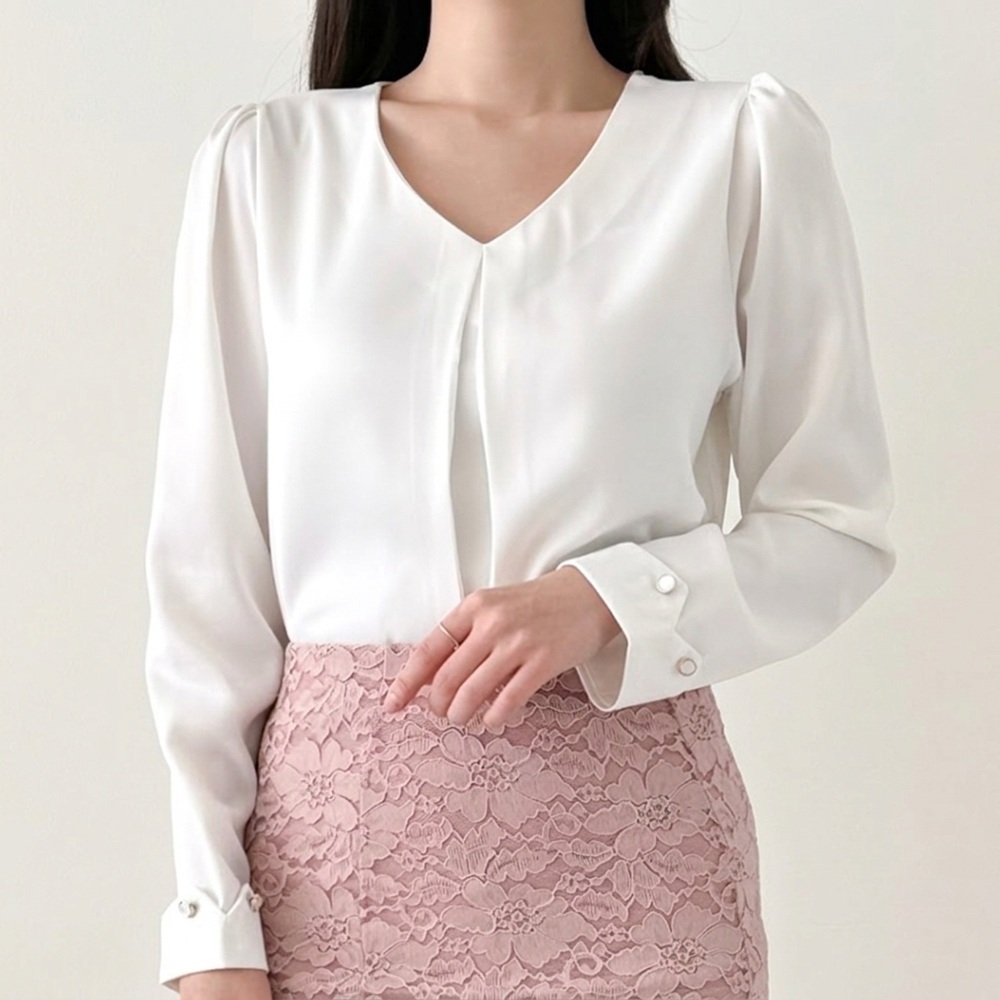 면접 블라우스 정장 노카라 브이넥 하객 오피스룩 출근룩 블루그레이, FREE(One size) 이미지 8