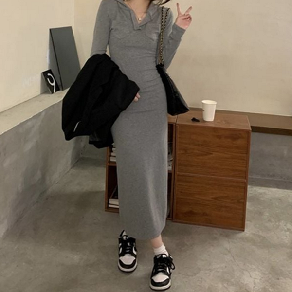 루즈핏 여성 후드 원피스 캐주얼 여성 브이넥 원피스 옆트임 데일리 - 상세 이미지 2