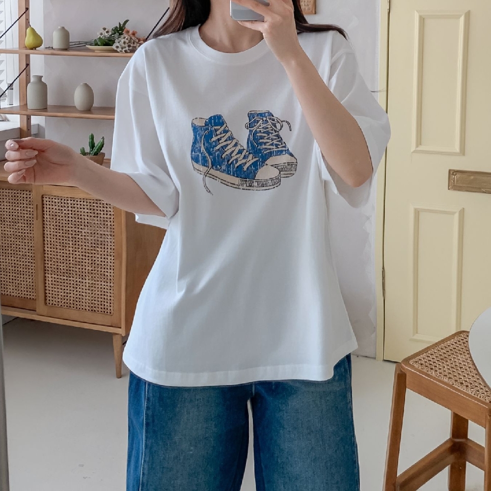 여성반팔티 흰티 빈티지 나염 오버핏 루즈핏 반팔 티셔츠 - 상품 이미지