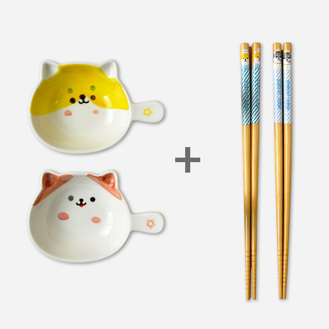 큐트미 고양이손잡이접시2p+ 젓가락2p세트 손잡이그릇 앞접시 전자렌지접시 모던플레이트 - 상세 이미지 3