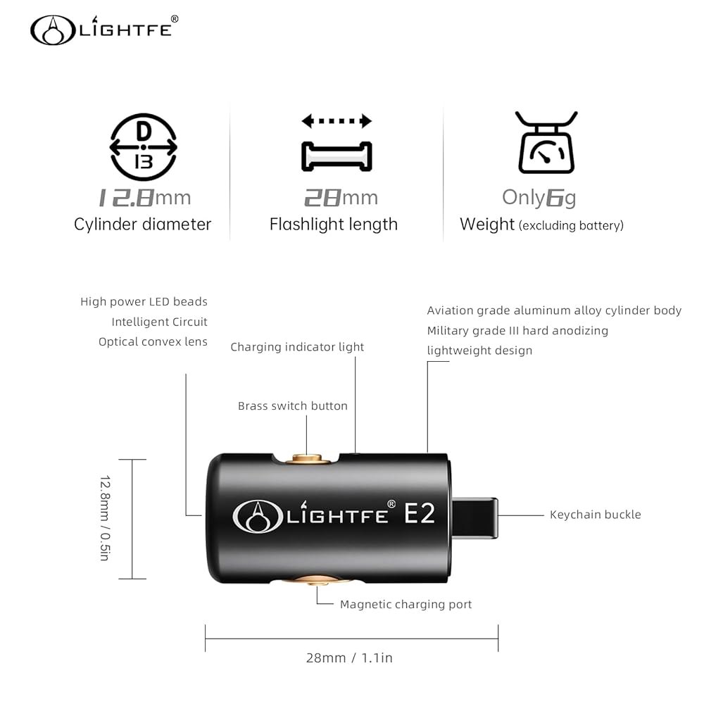 LIGHTFE E2 미니 열쇠고리 손전등 - 충전식 USB 마그네틱 충전, 소형 및 밝은 LED 포켓 라이트, 캠핑, EDC, 일상 휴대용 Black E2 - 상세 이미지 3