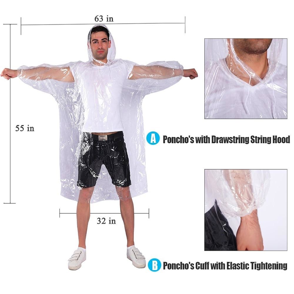 COOY 레인 폰초스, 드로스트링 후드 10 팩 긴급 일회용 폰초스 가족 팩, 클리어 5 Pack-clear One Size - 상세 이미지 2